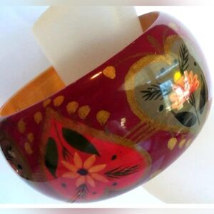 Vintage Large India Wood Burgundy W Heart Designs Bangle Bracelet